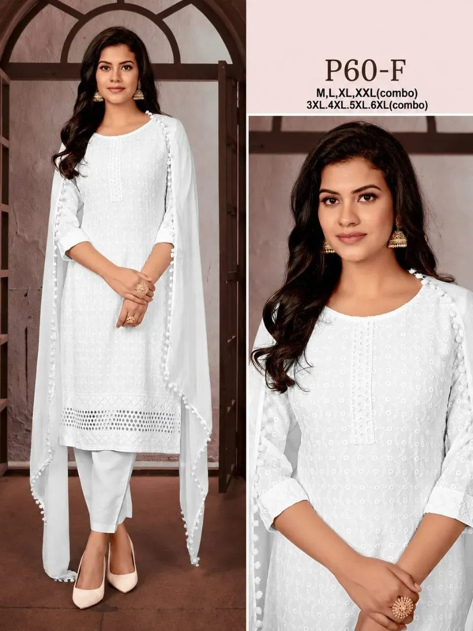 Model wearing white rayon chikan work kurti pant set with dupatta