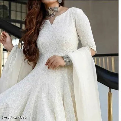 Exquisite Chikankari Anarkali Gown - Designer Festive Wear with Dupatta for Women