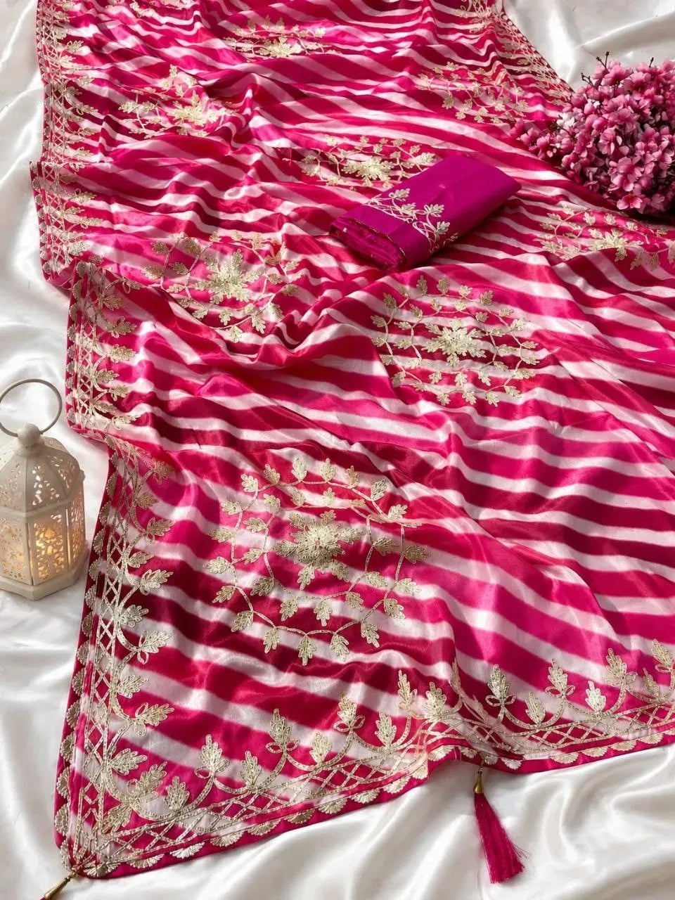 Pink chinon digital leheriya saree with gotapatti work and matching blouse piece