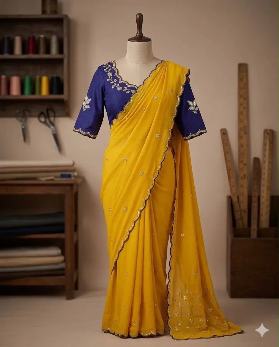 Yellow chinon silk saree with contrast blue embroidered blouse on mannequin