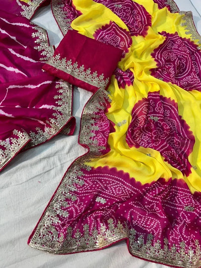 Exquisite Chinon Silk Saree - Traditional Bandej Print for Wedding Season