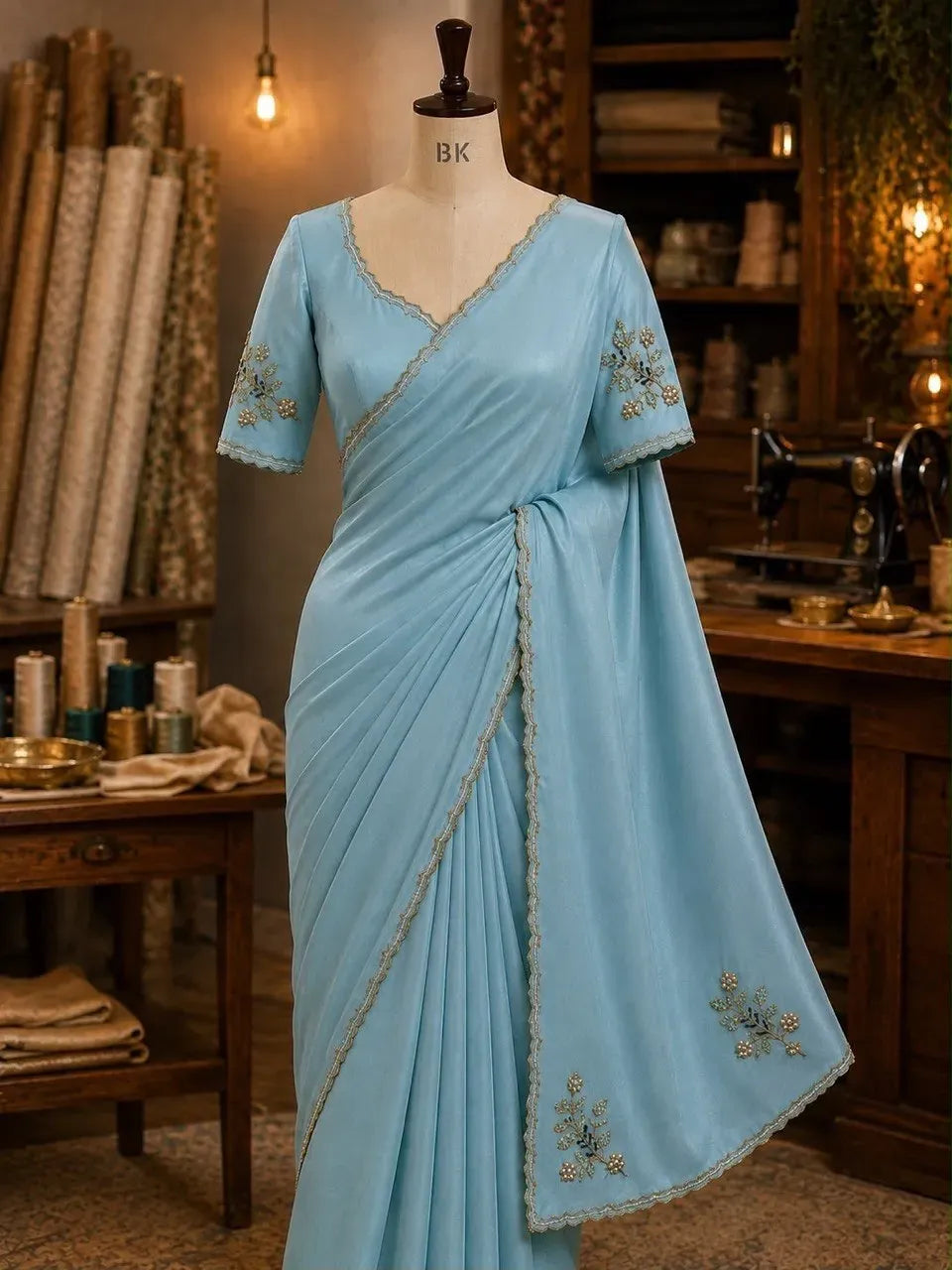 Light blue silk saree displayed on a mannequin with detailed handwork on sleeves and pallu