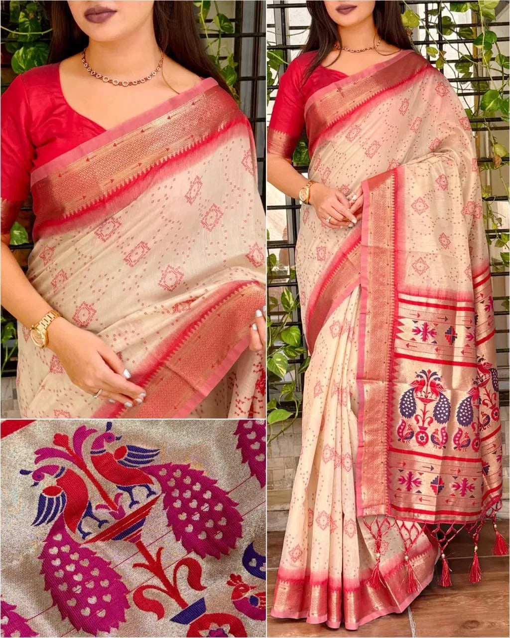 Model wearing cream and red bandhej jacquard cotton saree with contrast red blouse
