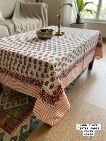 Exquisite Cotton Center Table Cover - Hand Block Sanganeri Print 40x60 Inches