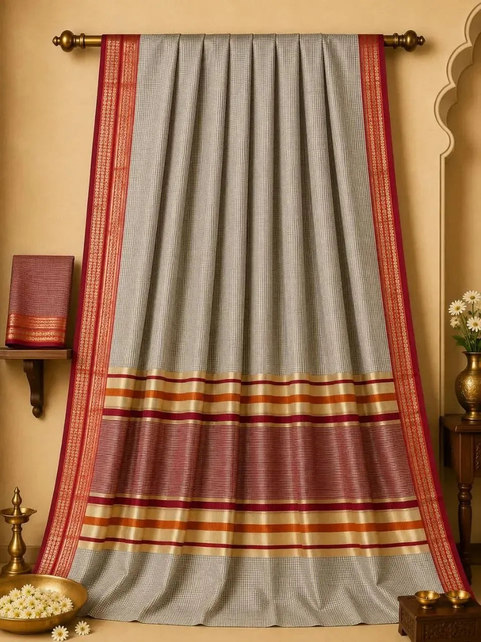Grey cotton checks saree draped on a rod with matching pallu