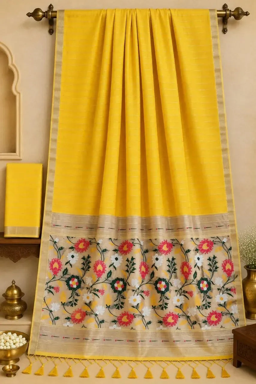 Yellow cotton paithani saree with floral zari pallu and tassel hem
