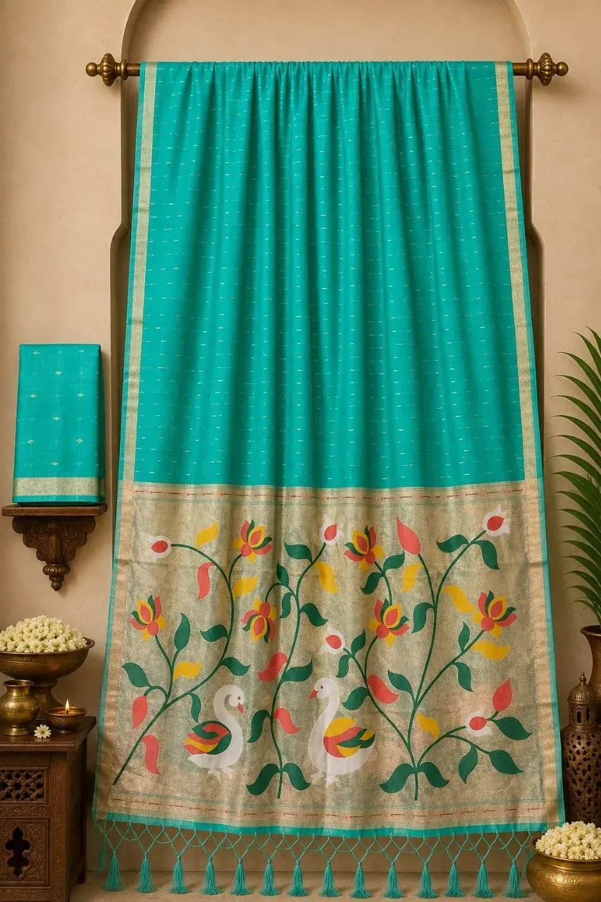 Teal cotton paithani saree hanging with zari pallu and swan motif
