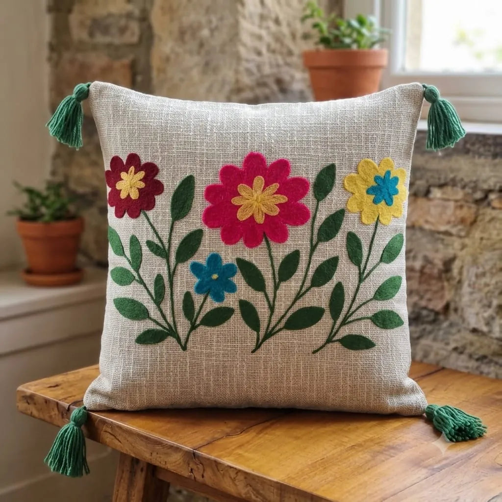 Beige cotton slub cushion cover with colorful floral embroidery and green tassels on wooden stool