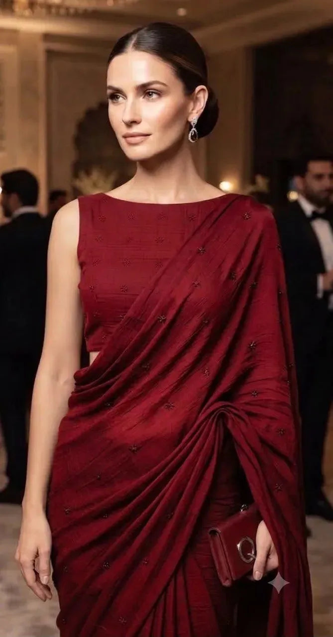 Model wearing a deep maroon crush silk saree with sequence work
