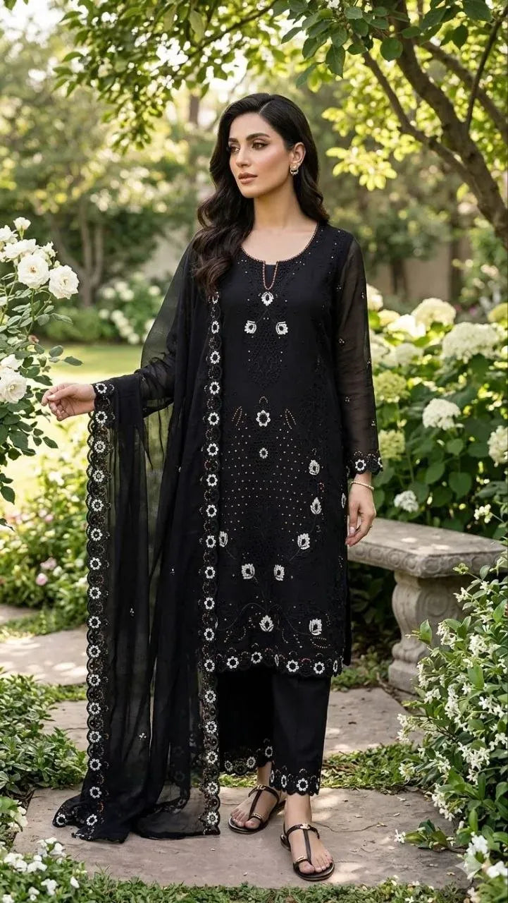 Model wearing black currency silk suit with matching dupatta outdoors