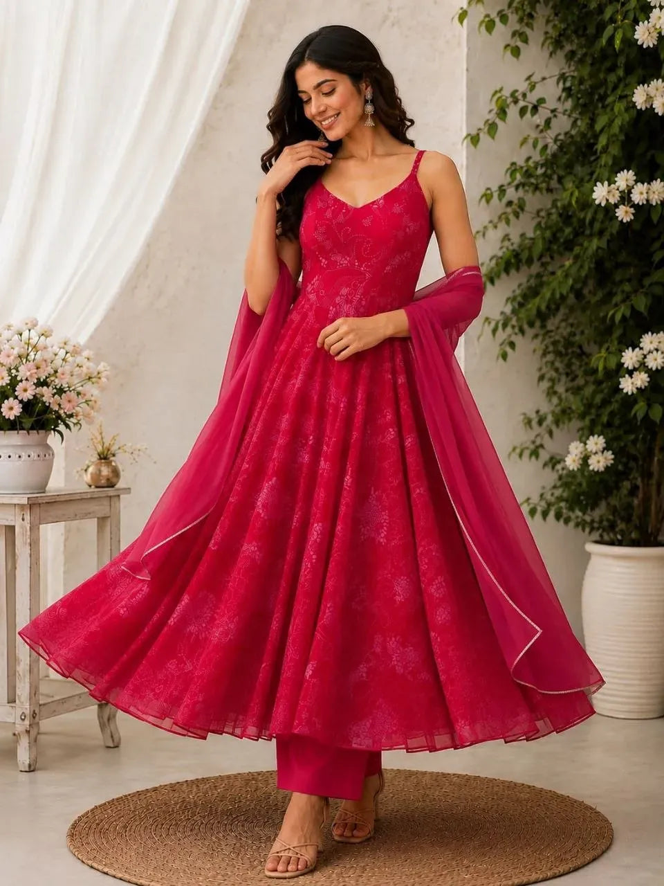 Model wearing festive red organza anarkali suit with pants in studio setting