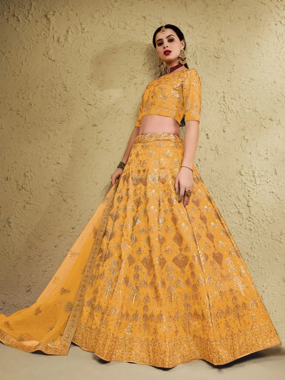 Exquisite Designer Golden Mustard Lehenga Choli - Heavy Zari & Sequins Embroidery for Wedding Wear