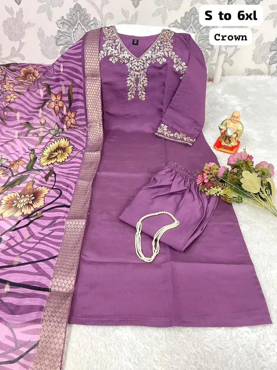 Purple Roman silk straight-fit kurti set with floral dupatta and pearls