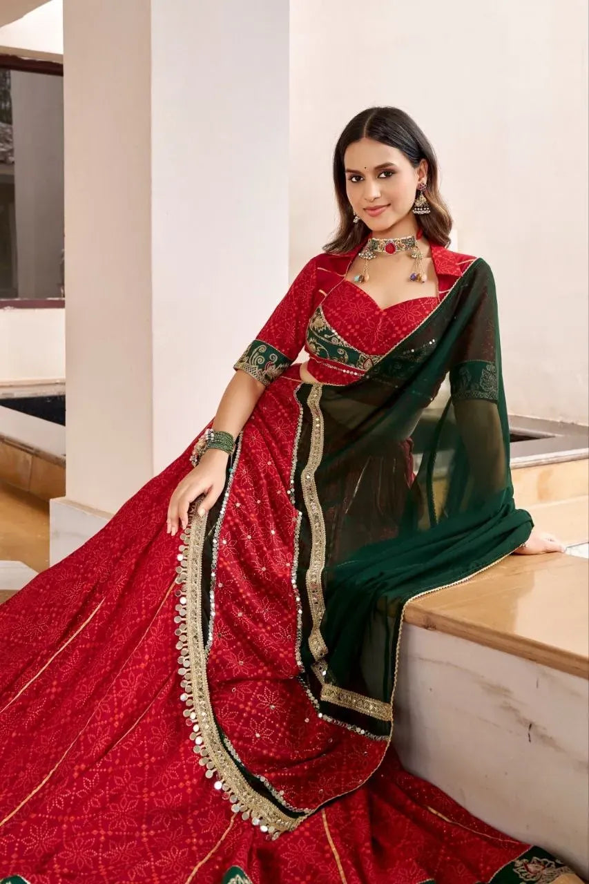 Model wearing red bandhej foil print georgette lehenga with green dupatta