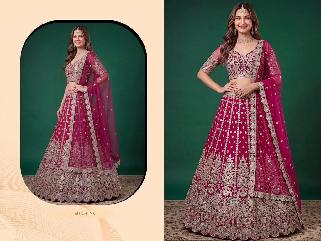 Full view of model in pink soft net lehenga