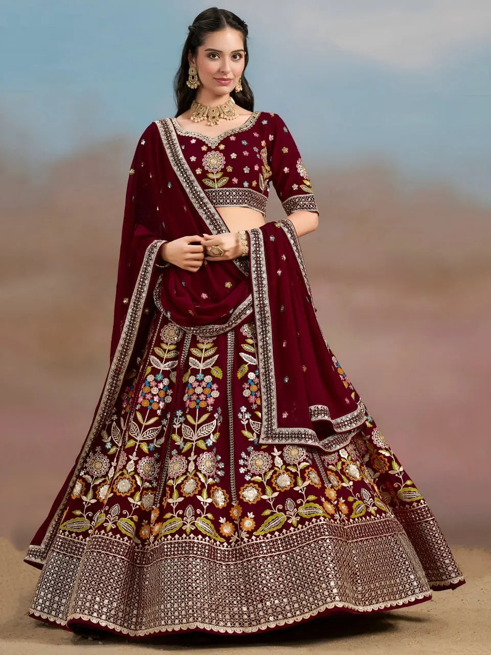 Exquisite Designer Lehenga - Heavy Floral Embroidery for Wedding Season in Maroon