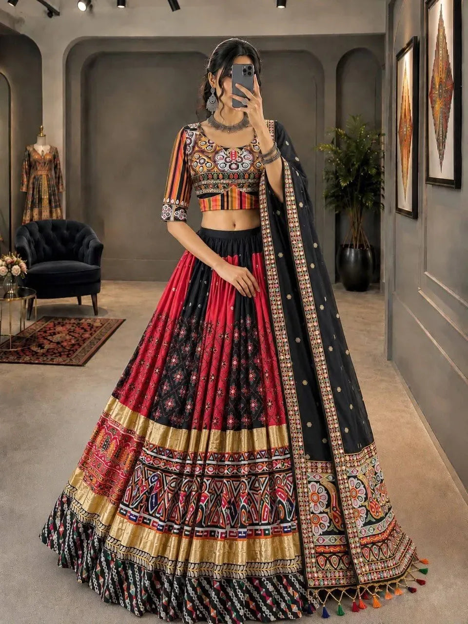 Full view of fully stitched malai silk lehenga and choli