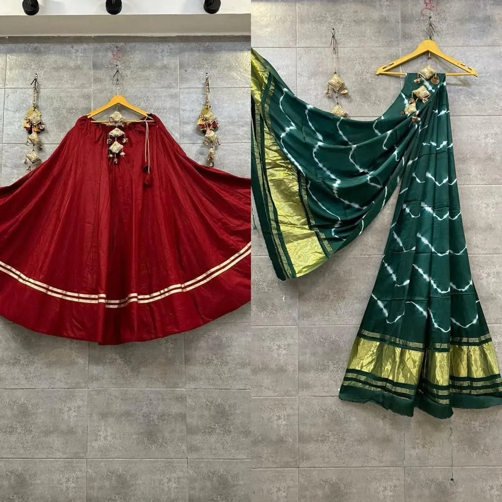 Maroon rayon cotton chaniya skirt with gold border on hanger