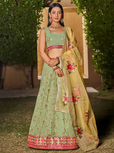 Exquisite Designer Lehenga - Sage Green Floral Shimmer for Wedding Season