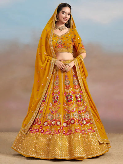 Exquisite Designer Mustard Floral Embroidered Lehenga Choli - Traditional Wedding Wear for Women