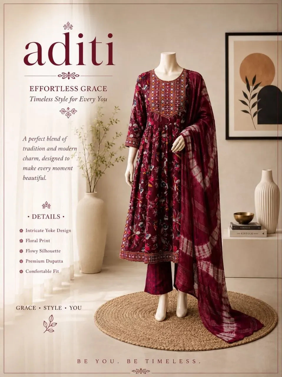 Maroon Nyra cut kurta set with embroidery on mannequin