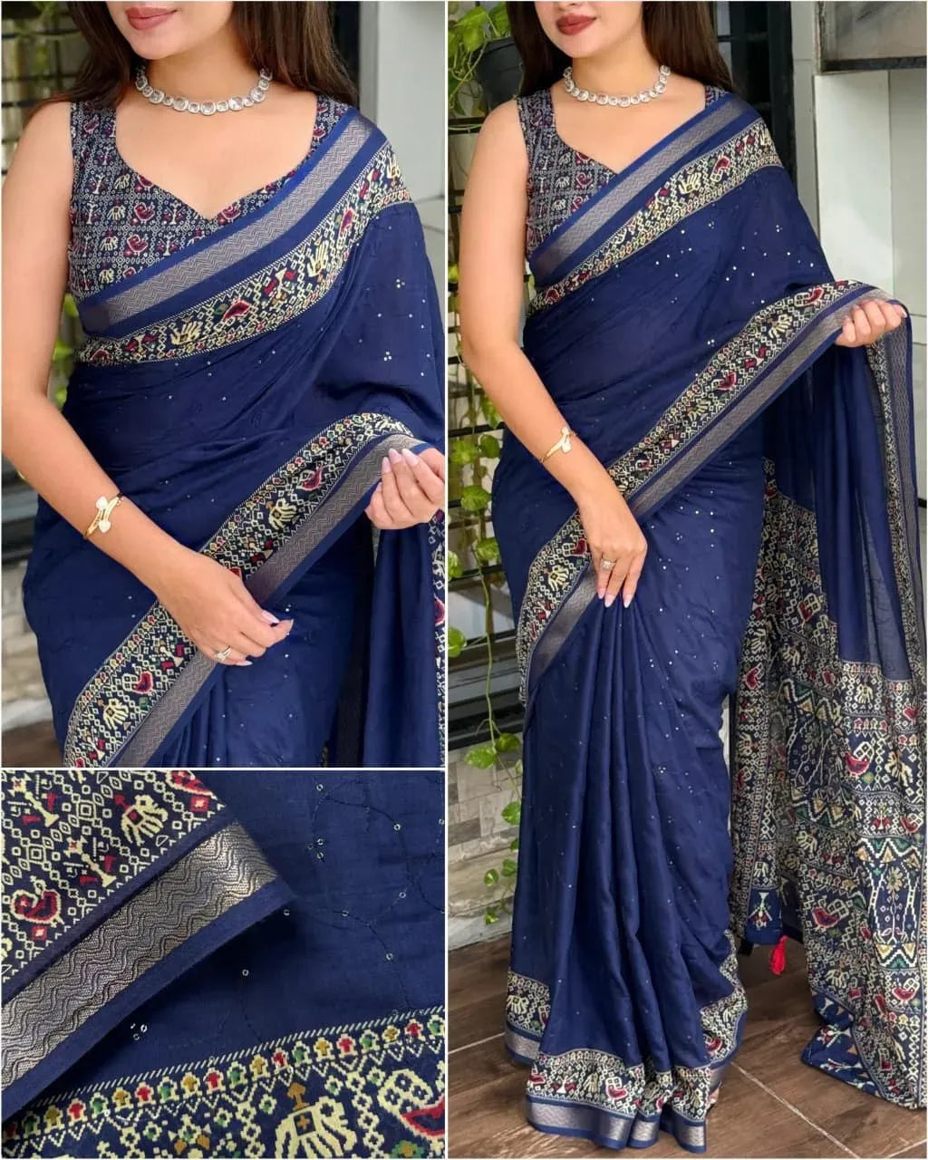 Model wearing dark blue pure cotton ajrakh printed saree with zari border