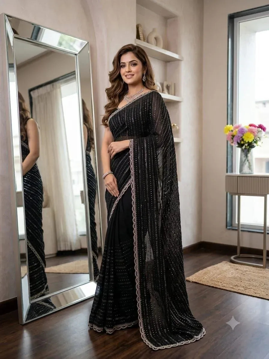 Model standing in front of mirror wearing a black sequence work saree