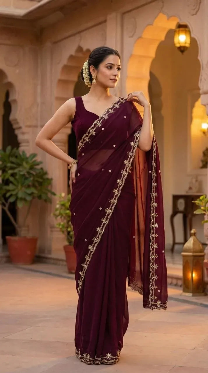 Woman wearing a deep purple designer satin saree in a courtyard