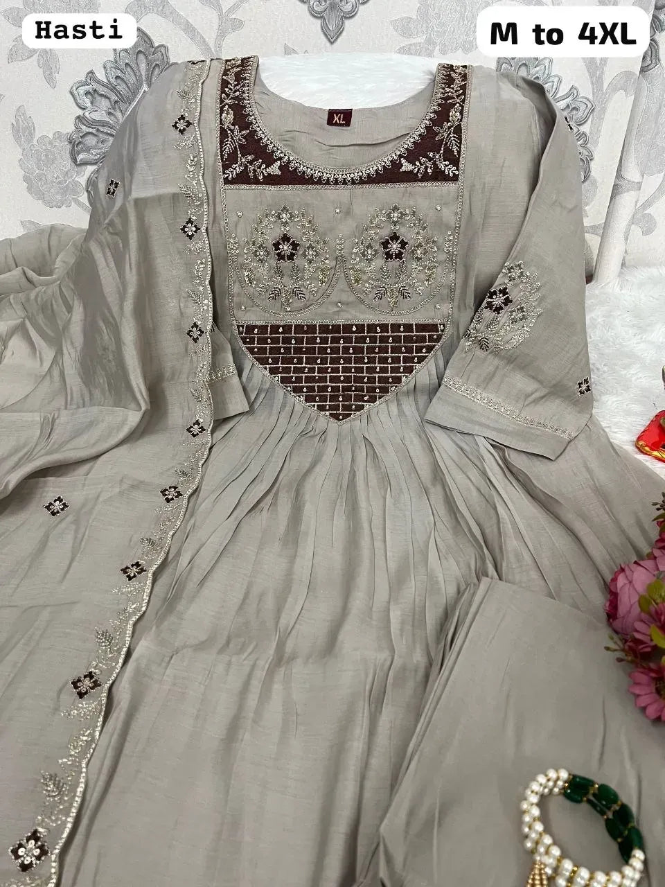 Grey Vichitra silk anarkali suit set with heavy yoke embroidery and dupatta