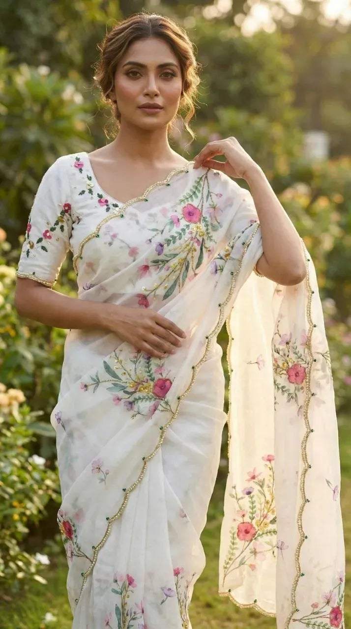 Model wearing white floral print designer saree with embroidered blouse