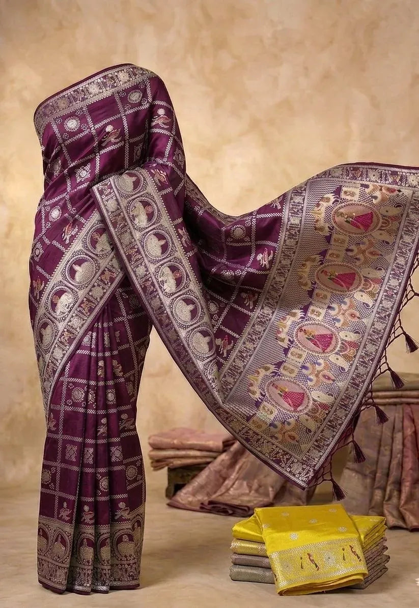 Deep purple soft silk saree with intricate zari work and contrasting border displayed on a mannequin