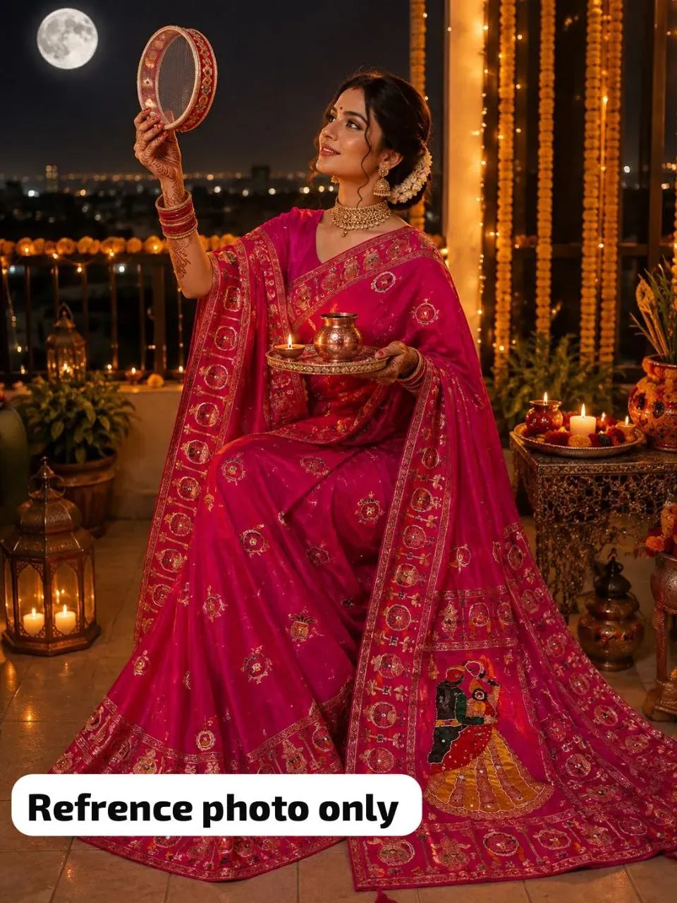 Model wearing red Dola silk saree with heavy zari and mirror work during festive night