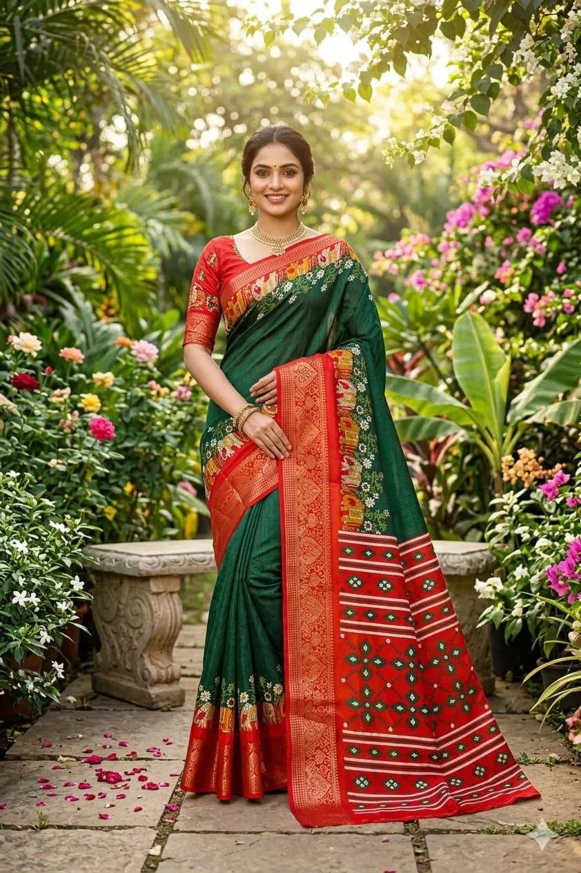 Model wearing dark green soft dola silk saree with red zari border in garden