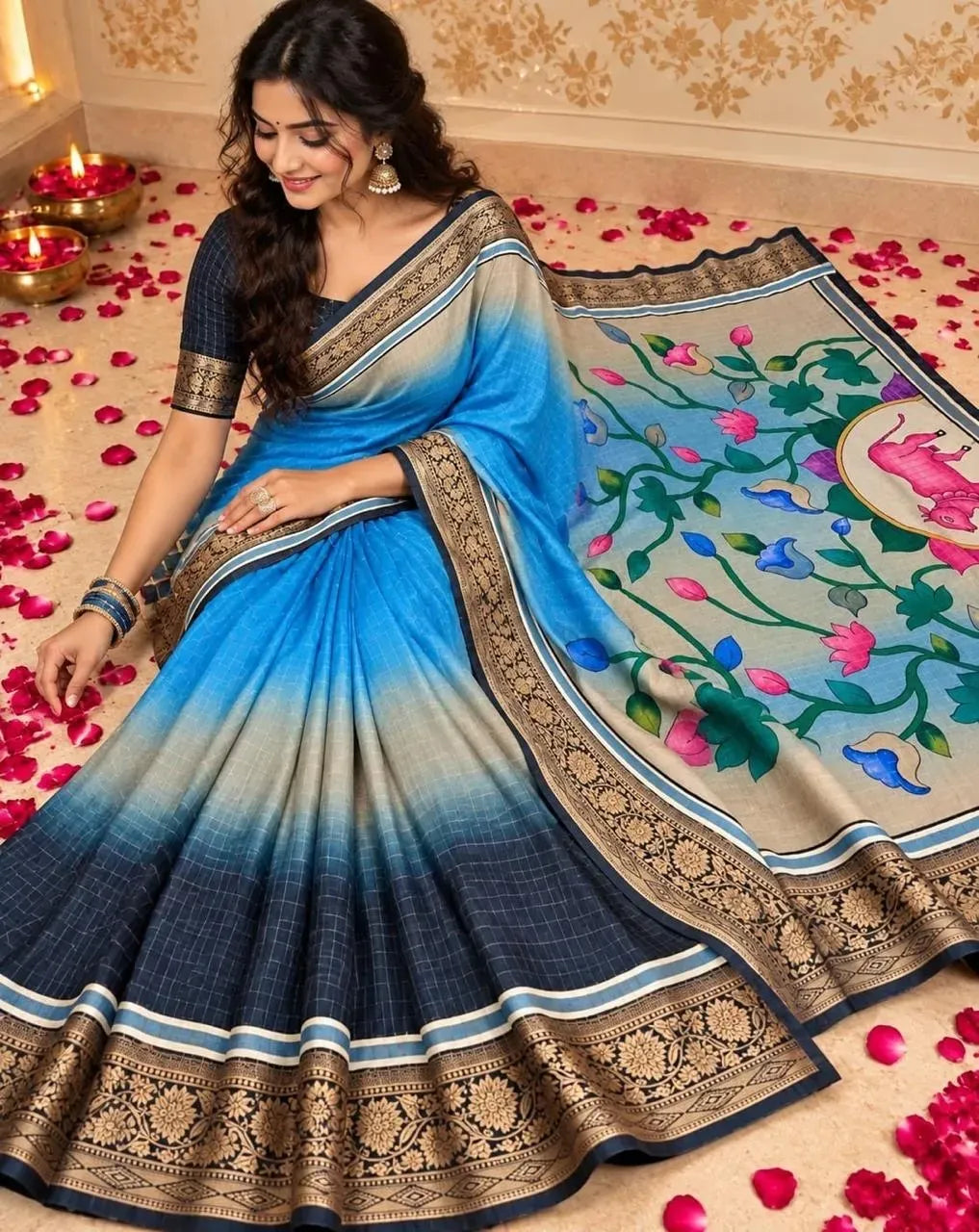 Model sitting gracefully wearing blue ombre Dola silk saree with gold border