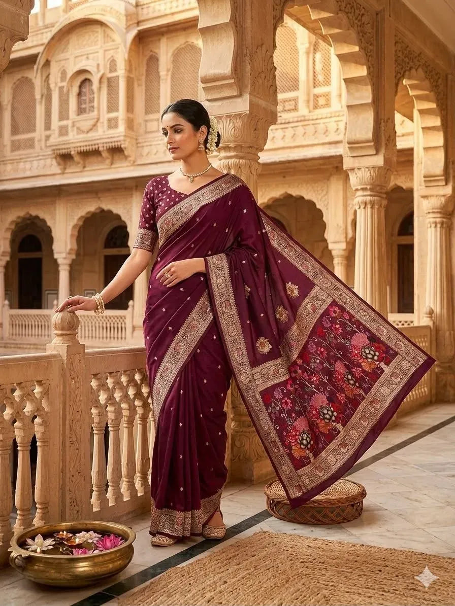 Model wearing deep maroon pure viscose dolla silk saree with rich meenakari weaving pallu