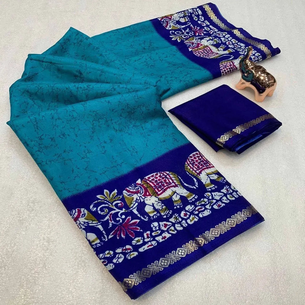 Teal dolla silk saree with blue kalamkari printed pallu and blouse