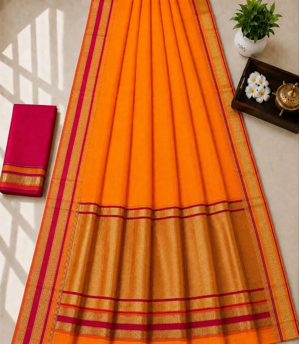 Orange doriya cotton saree with rich pallu and matching blouse piece