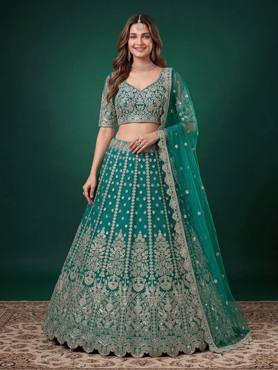 Exquisite Emerald Teal Lehenga Choli - Heavy Zari Work Wedding Ensemble for Women