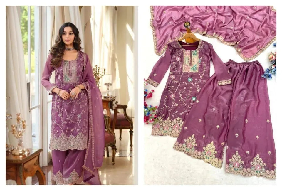 Model wearing purple fendy silk suit with dupatta