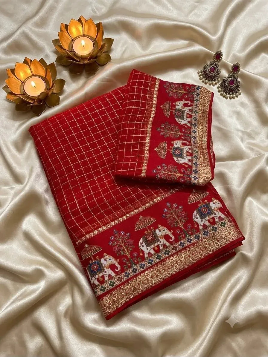 Red georgette chex saree with elephant print border and lotus candles