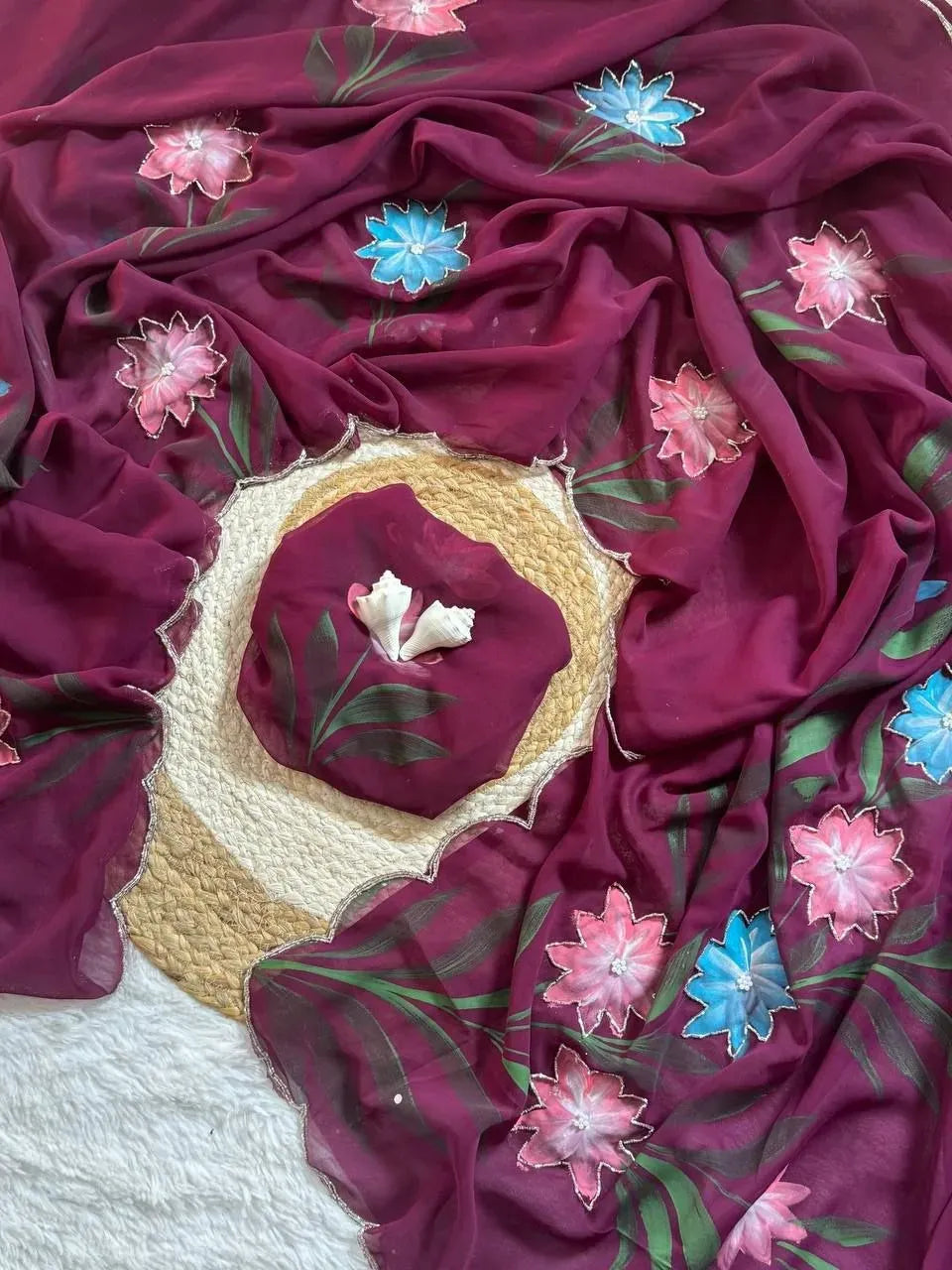 Maroon georgette saree with floral brush print and handwork