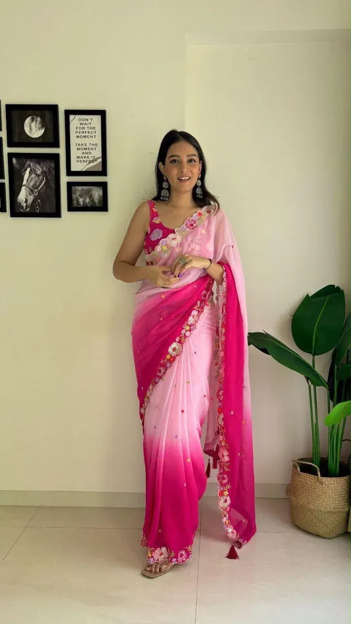 Pink ombre georgette saree with multi-thread embroidery on model