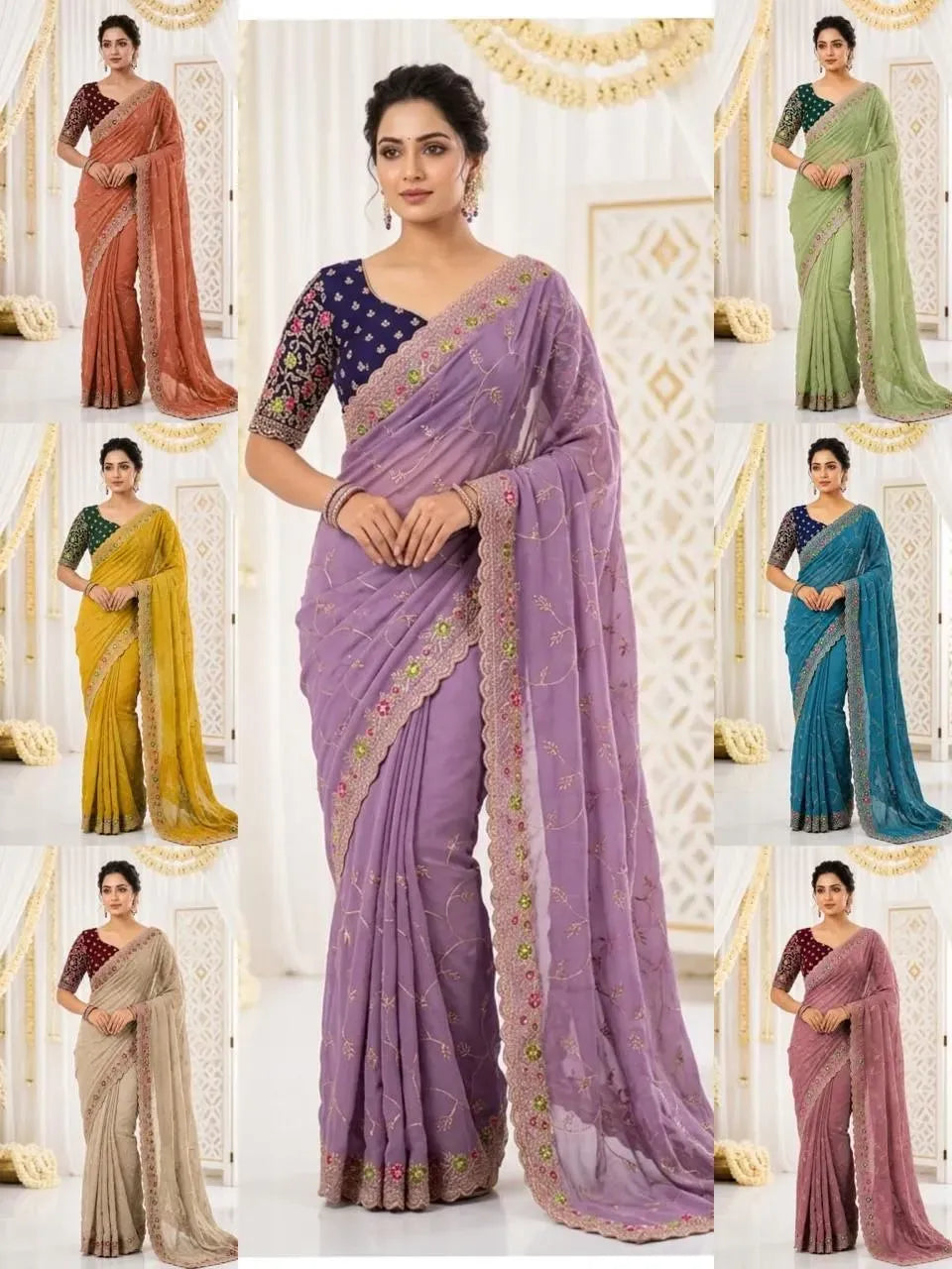 Collage of various color options of the georgette saree worn by models