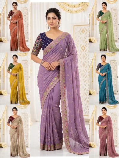 Exquisite Georgette Saree - Trending Multi Embroidery Work with Contrast Blouse for Women