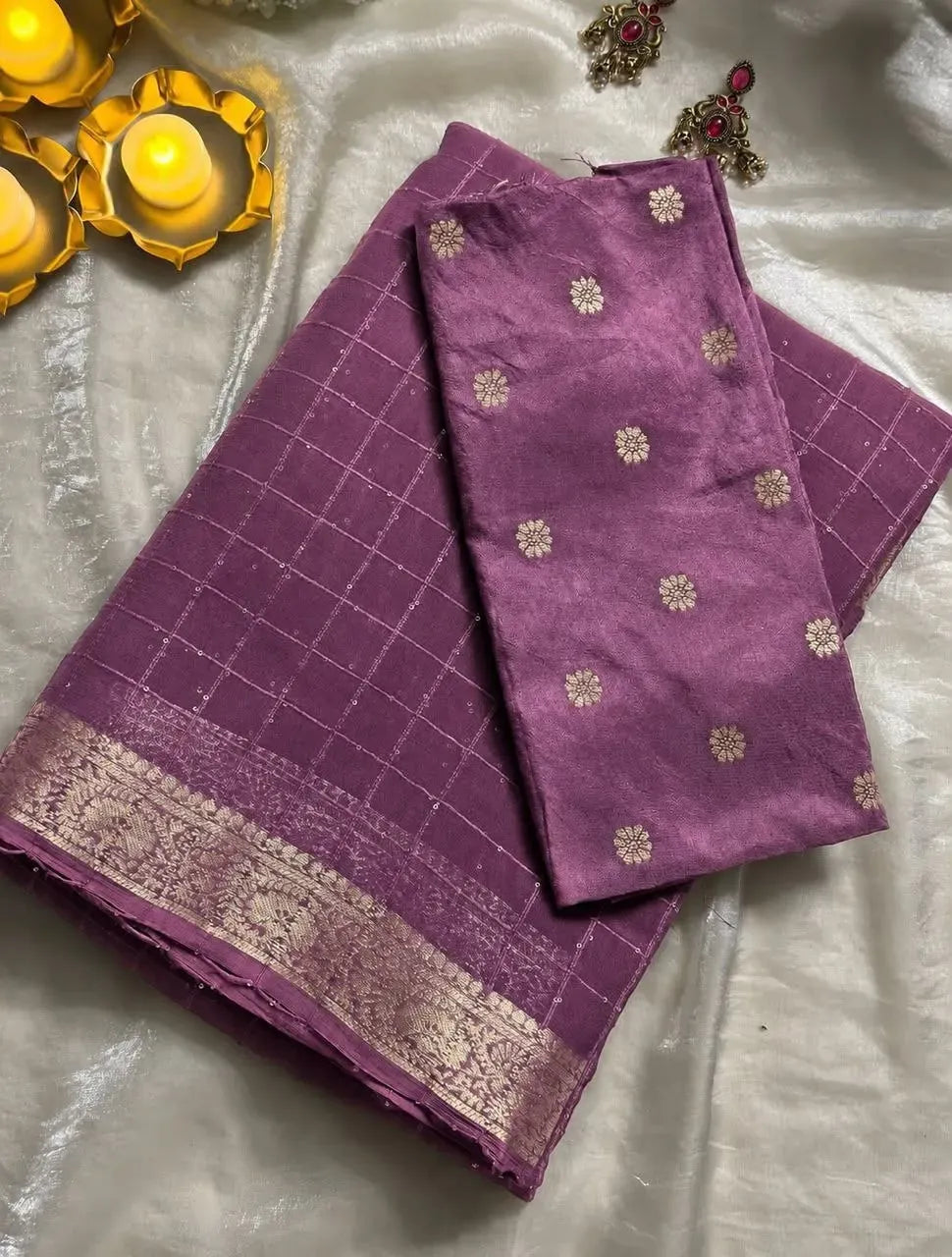 Lavender viscose georgette sequence saree with matching butti blouse piece