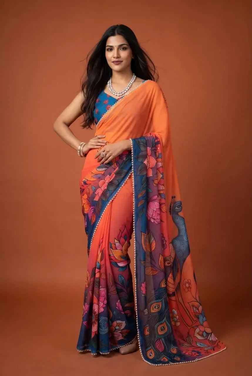 Orange and blue georgette silk saree with floral print and moti lace border