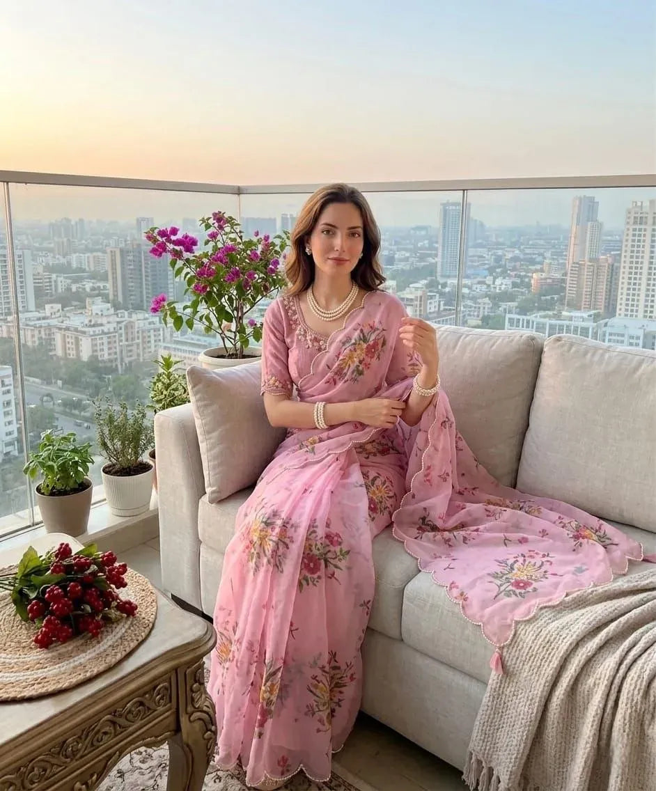 Model sitting on couch wearing pink floral print georgette silk saree