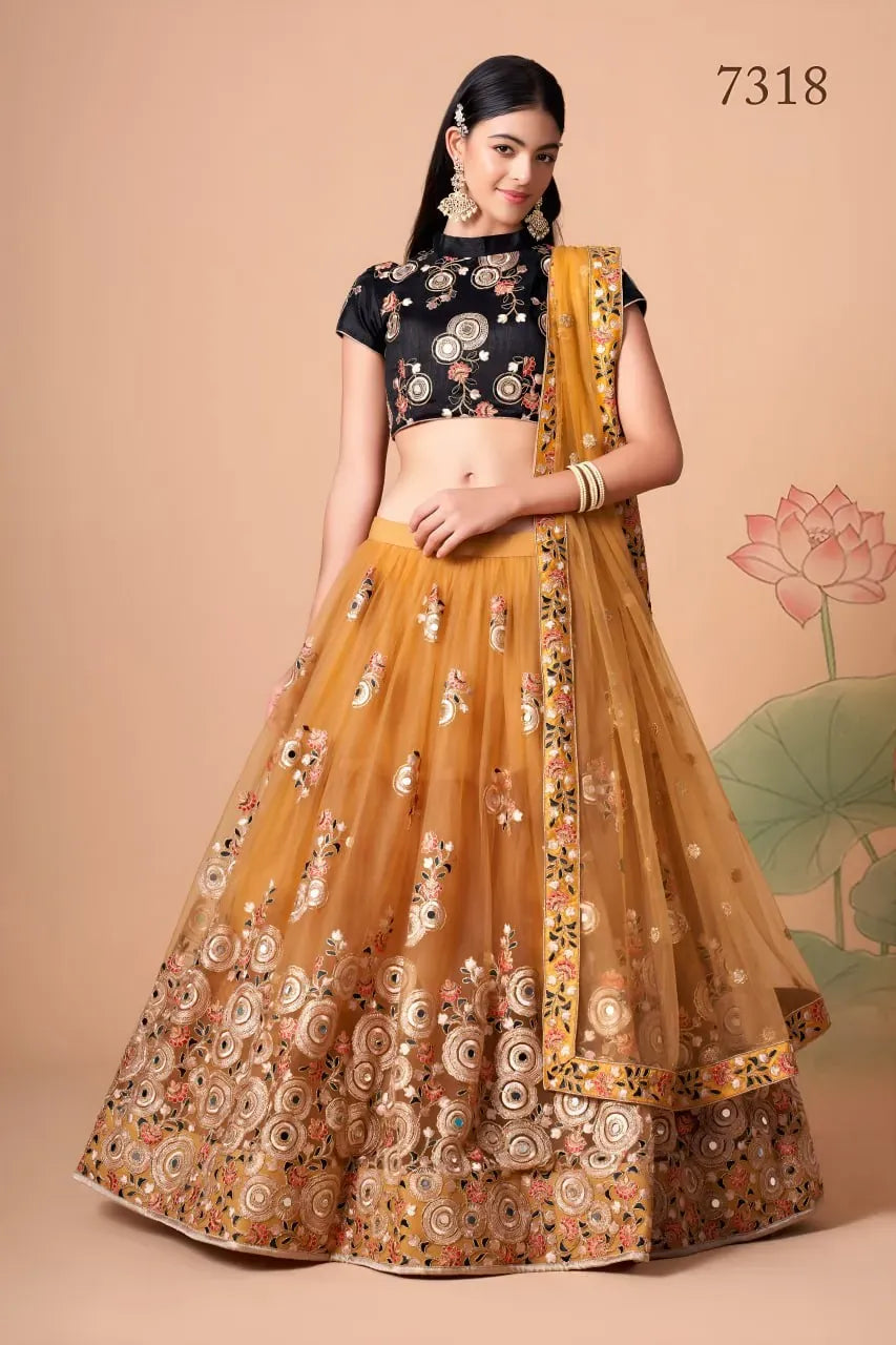 Full view of golden mustard lehenga choli with dupatta