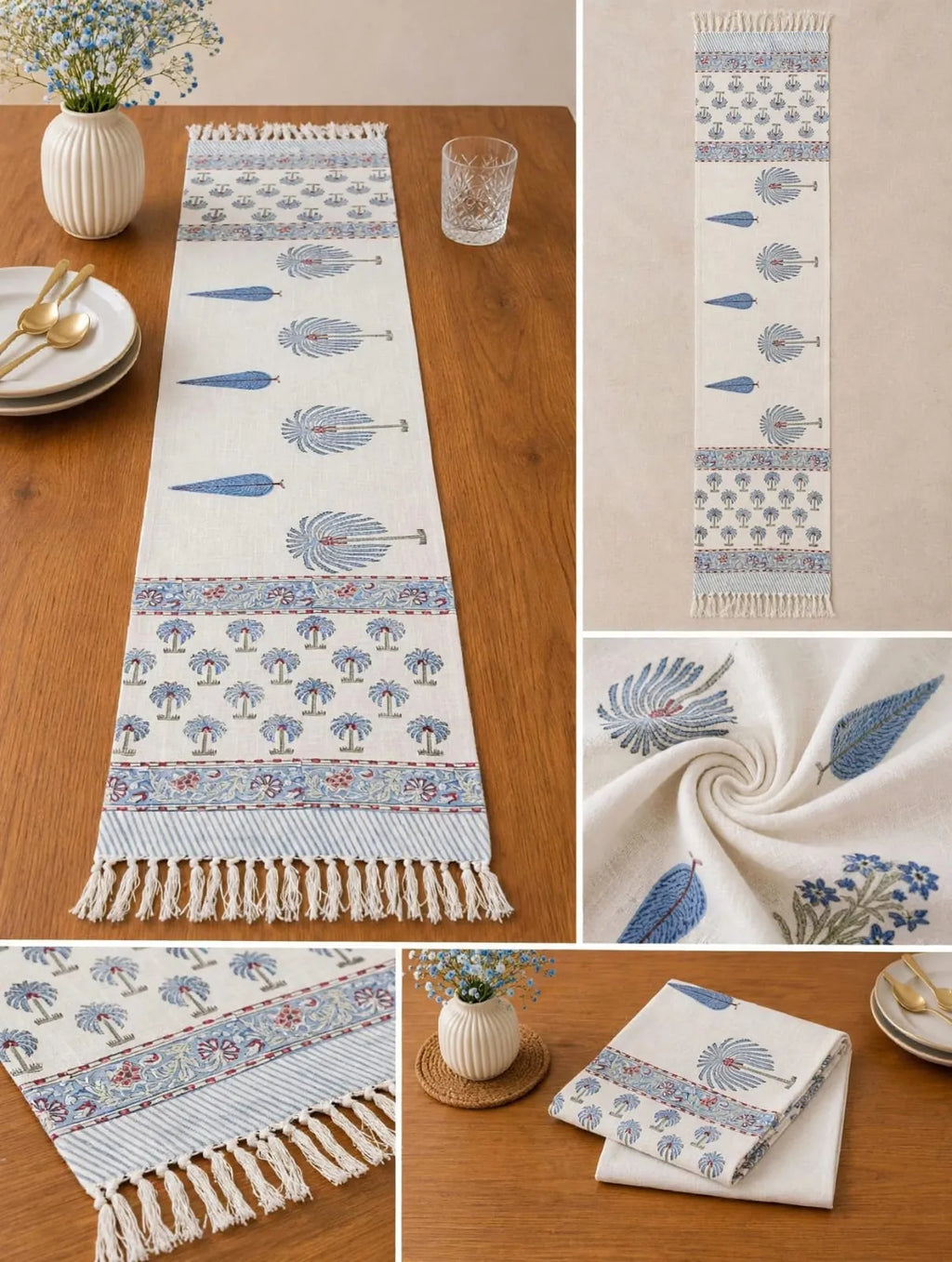 Blue palm tree handblock printed jute textured table runner on wooden dining table