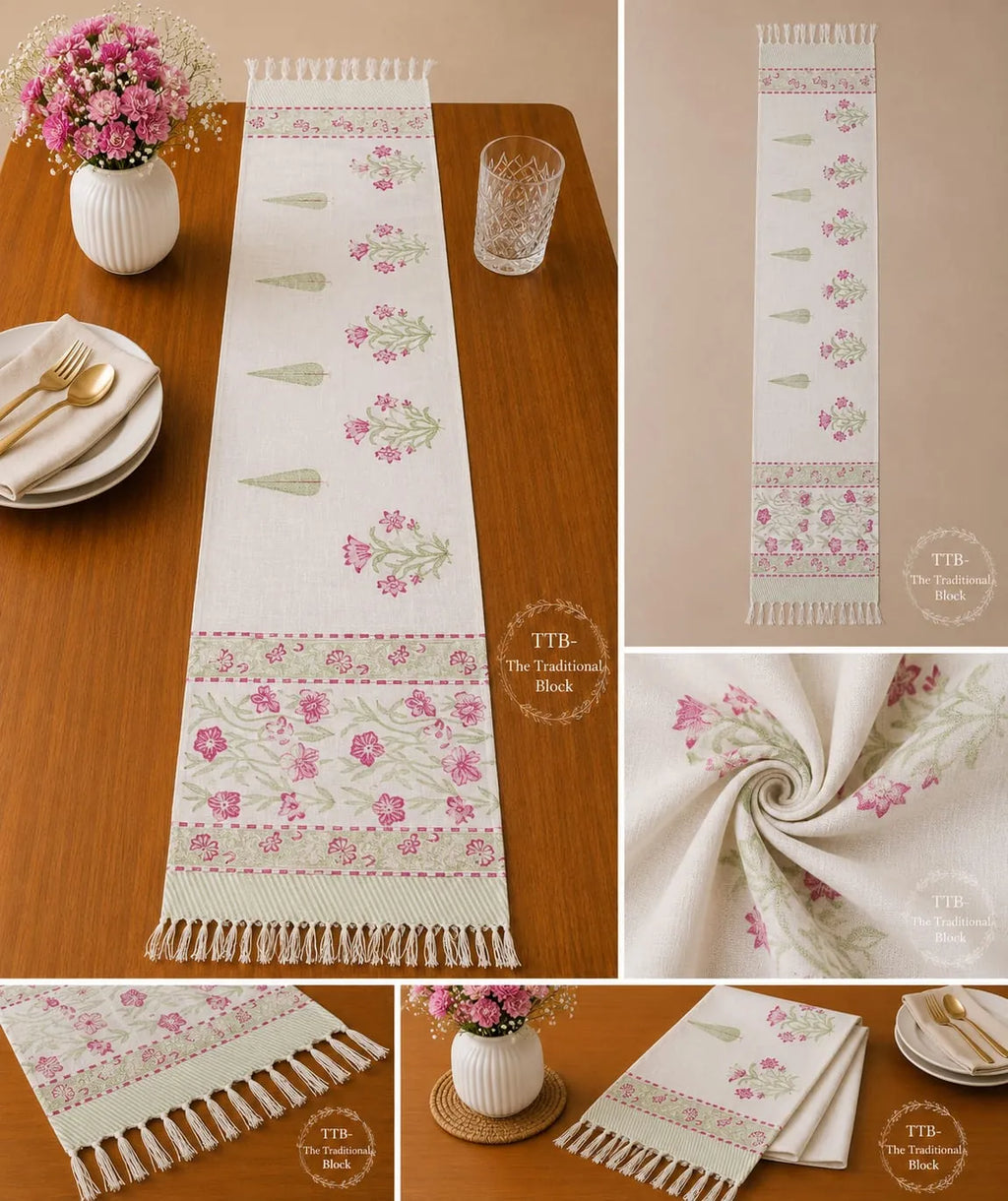 Pink and green handblock printed table runner on wooden dining table
